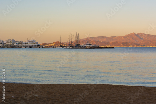 Piso Livadi, a picturesque resort with sandy Logaras beach on Paros island. Cyclades, Greece