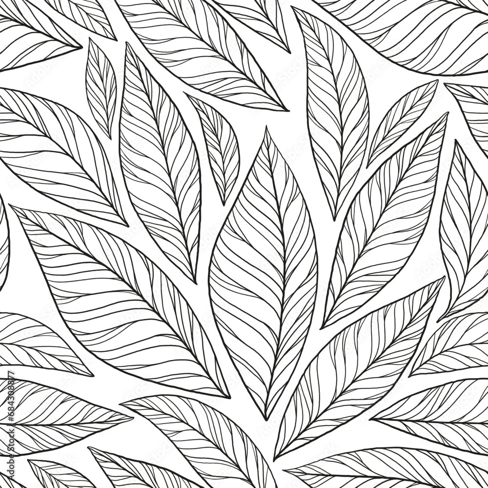 Fototapeta premium doodle outlines of leaves scattered chaotically on a seamless white background. sketch of leaves stylish square poster for interior
