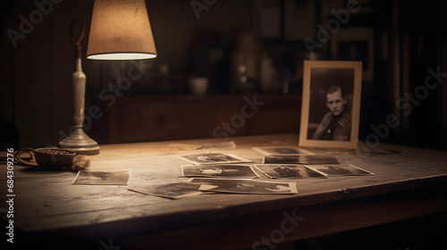 Timeless Memories: Vintage Photographs Spread on a Wooden Table Under the Warm Light of a Table LampAI generativ photo