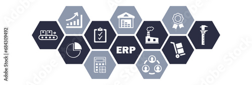 ERP vector illustration. Concept with connected icons related to enterprise resource planning software, system or interface, company management resources and corporate information or strategy.