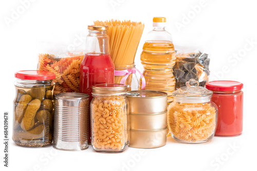 Food Reserves: Canned Food, Spaghetti, Tomato Juice, Pasta and Grocery - Isolated on White Background. Emergency Food Storage in Case of Crisis. Strategic Food Supplies - Isolation