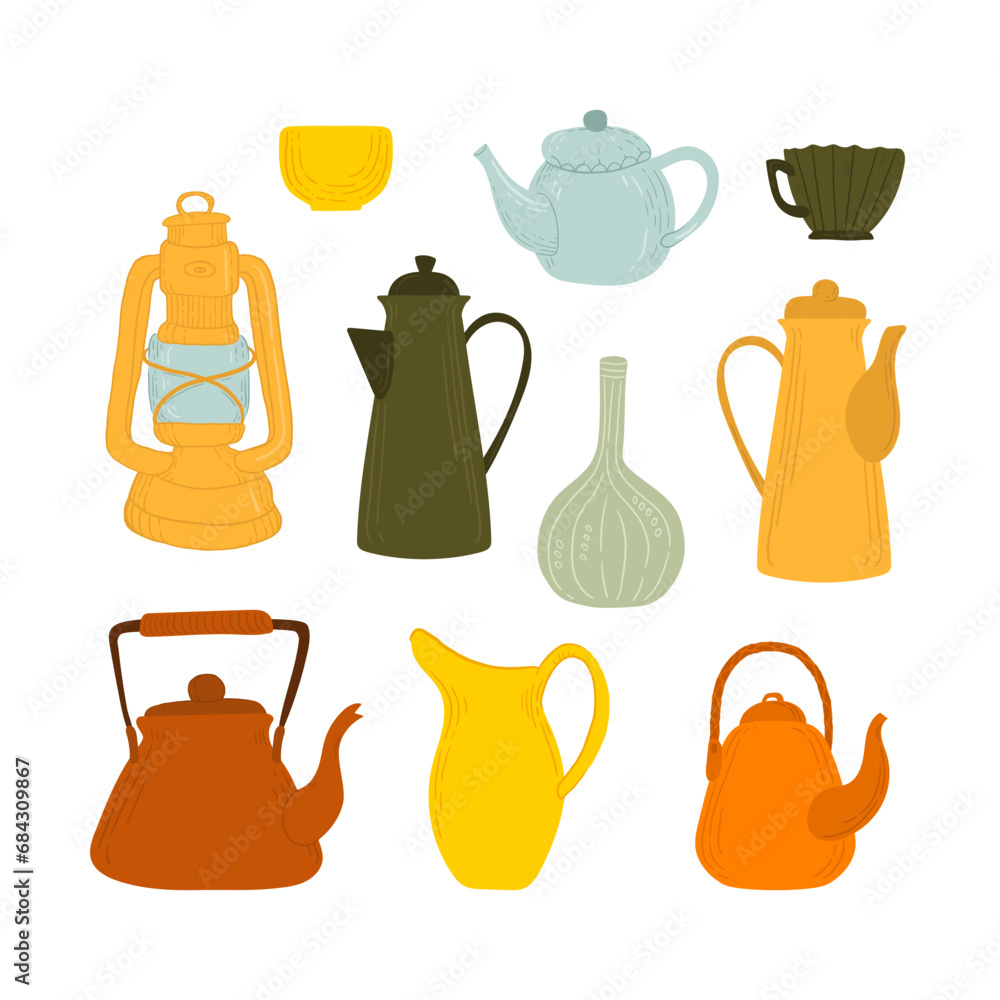 set of cute dishes. teapots, jug, lantern, mugs and vase.