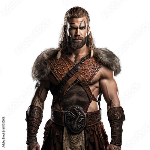 front view mid shot of a male Gaulish warrior isolated on a white transparent background  photo