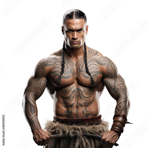 front view mid shot of a male Maori warrior isolated on a white transparent background 