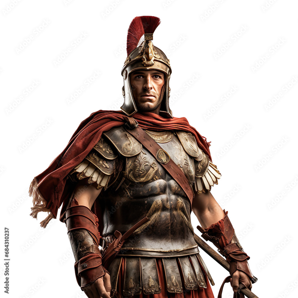 Obraz premium front view mid shot of a male Roman Equites warrior isolated on a white transparent background 
