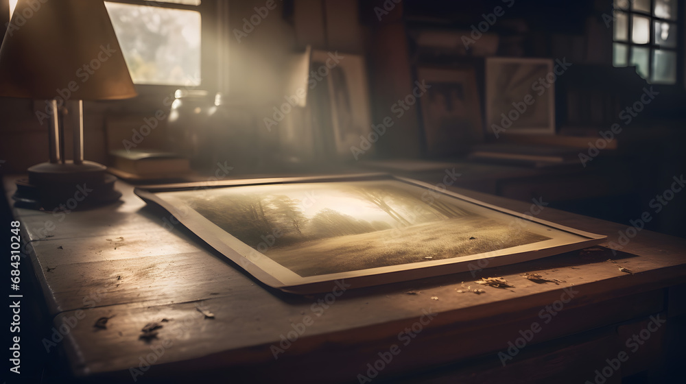 Timeless Memories: Vintage Photographs Spread on a Wooden Table Under the Warm Light of a Table LampAI generativ - obrazy, fototapety, plakaty 