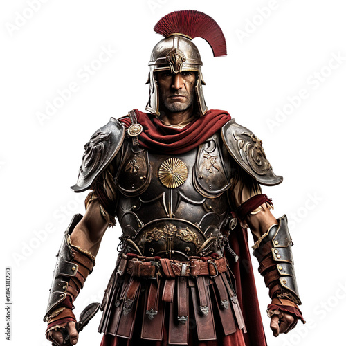 front view mid shot of a male Roman Centurion warrior isolated on a white transparent background 