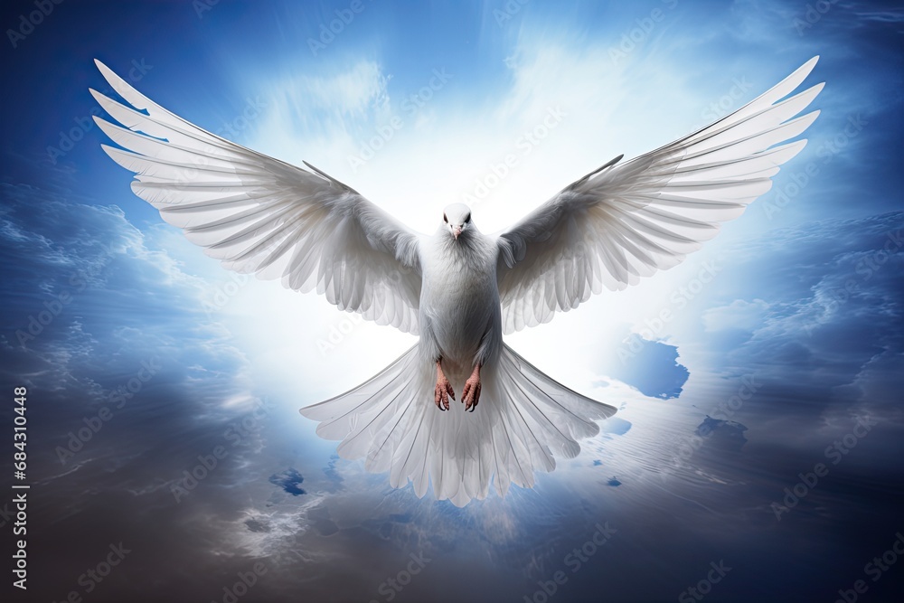 Obraz premium White dove flying as a symbol of peace and freedom.
