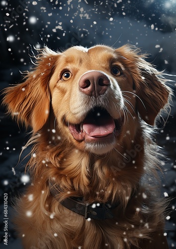 golden retriever in winter, dog wearing a hat, golden retriever in snow, dog in winter, dog in snow © Azhar
