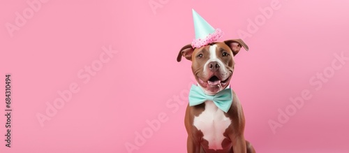 Cute dog wearing a pink hat birthday party on an isolated pastel background photo