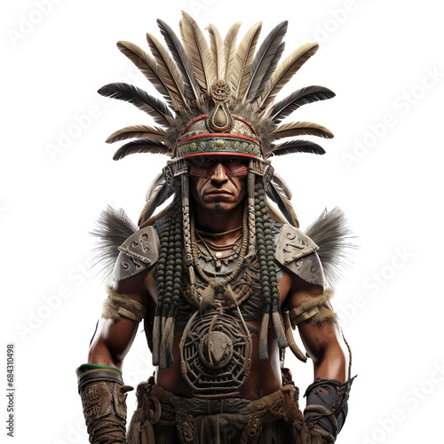front view mid shot of a male Incan warrior isolated on a white transparent background 