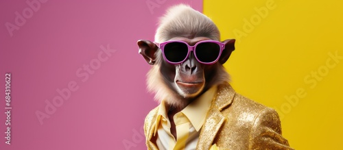 Fashionable cute monkey in clothes and wear a glasses isolated pink background. AI generated image photo