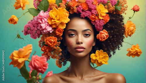 Portrait of gorgeous black woman with flowers. Stunning brunette girl with big bouquet flowers of roses. face of young beautiful woman with a healthy clean skin. Pretty woman with bright makeup