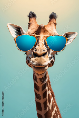 giraffe cartoon illustration, giraffe with sunglasses taking a selfie, fisheye effect, 