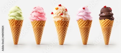 Sweet tasty set Ice cream scoops in waffle cones on white background.