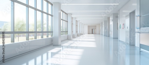 Empty white hallway in the hospital bright corridor with rooms and windows