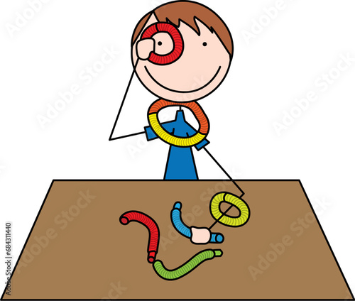 Cartoon illustration of a boy playing with pop tubes