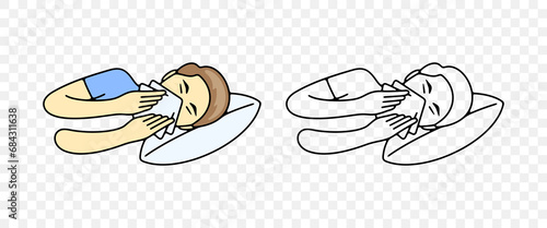 Sick man blowing her nose or sneezing into handkerchief, graphic design. Disease, illness, sickness, virus and treatment, vector design and illustration