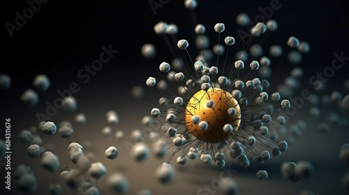 Nano particle molecule. Nano medicine and nanotechnology biotechnology concept. Organic or inorganic polymeric sphere, capsule, quantum. © Irina