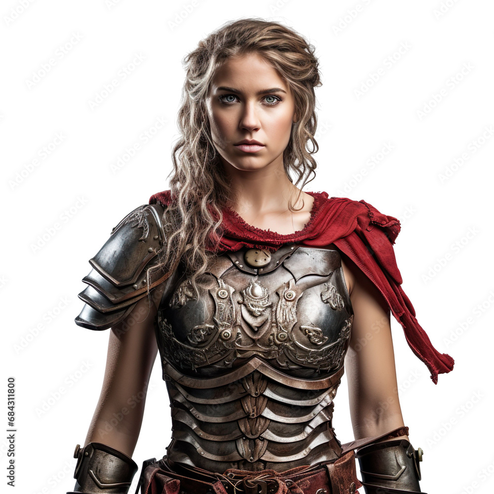 front view mid shot of a female Roman Centurion warrior isolated on a white transparent background 