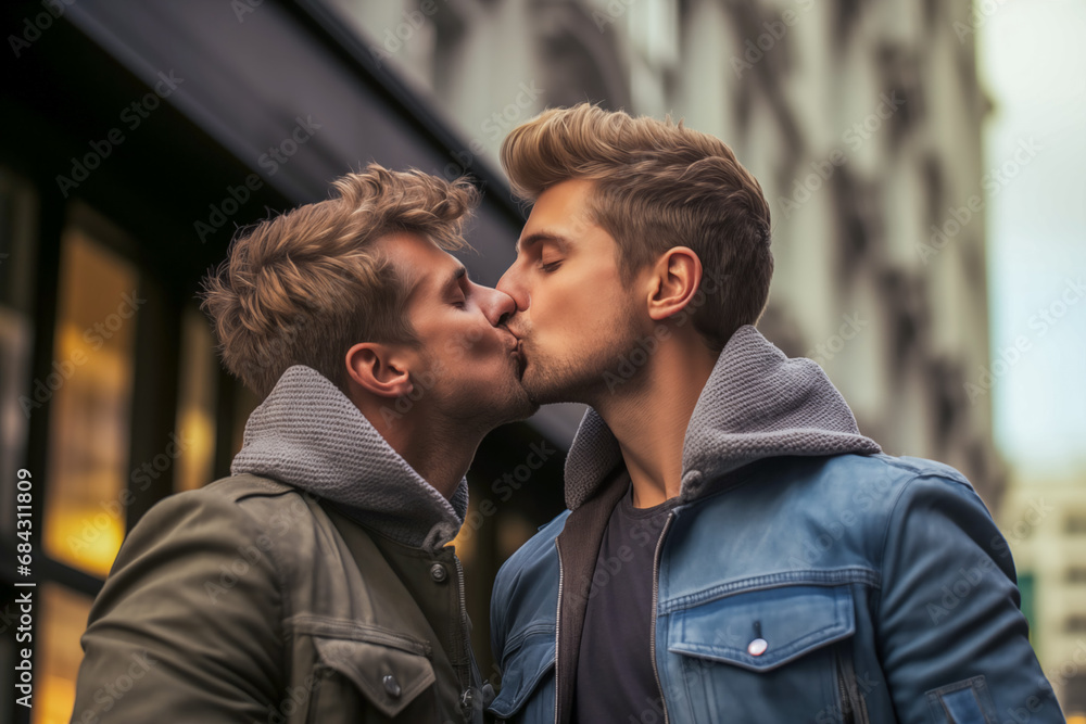 Young attractive male gay couple kissing Young attractive male gay couple kissing