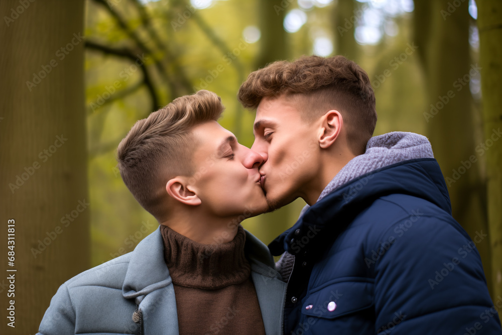 Young attractive male gay couple kissing Young attractive male gay couple kissing