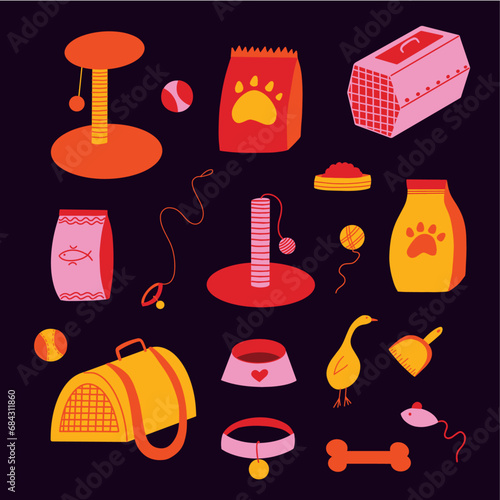 Pets supplies set, cat toys vector illustration bundle, pet shop, dog playing accessories collection, feline toy mouse, food, bags, chewing bone flat graphic elements kit, items for domestic animals