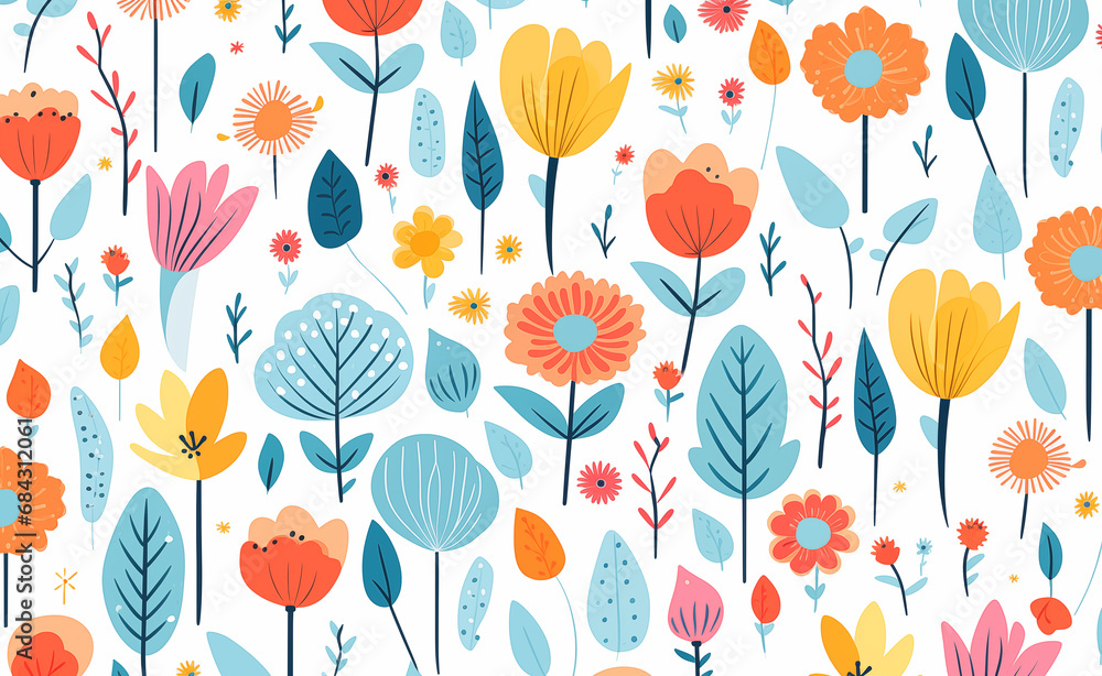 Vibrant and playful seamless pattern illustration of colorful flowers in a children's style.