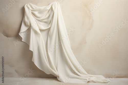 Gathered woven linen fabric structure, gently draped surface of beige linen fabric, pleated aesthetic scene, template, available space for duplication.