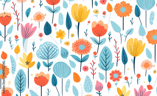 Vibrant and playful seamless pattern illustration of colorful flowers in a children's style. © Curioso.Photography