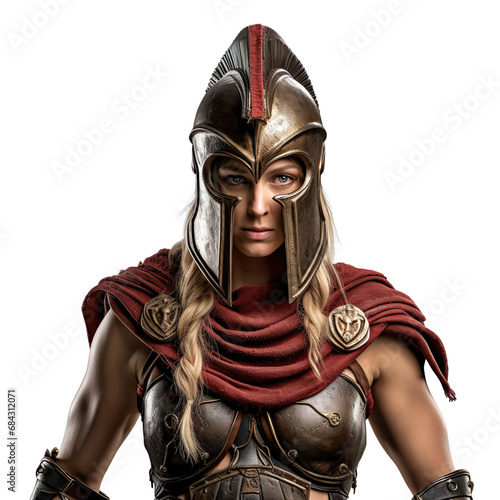front view mid shot of a female Spartan warrior isolated on a white transparent background 