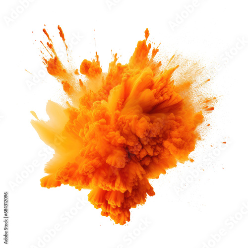 Orange holi powder explosion isolated on white background.