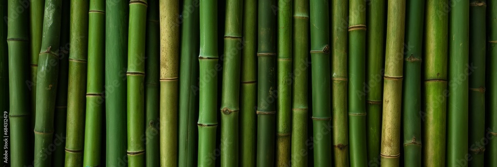 Green bamboo is arranged in rows. Green bamboo trunks Green bamboo is arranged in rows. Green bamboo trunks