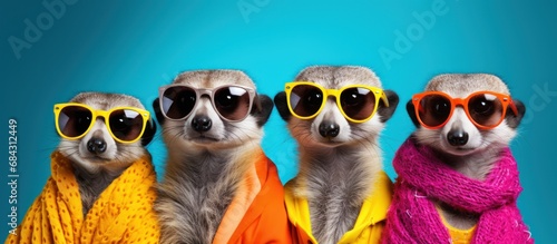 Portrait of a funny meerkat with glasses isolated on yellow background