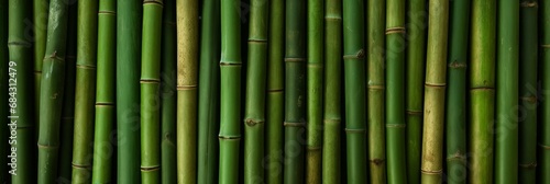 Green bamboo is arranged in rows. Green bamboo trunks