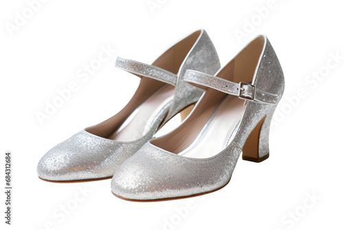 Sparkling Silver Mary Janes on transparent background.
