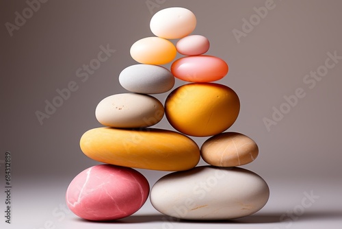 Stack of pebbles on a podium. soft color. Stones on top of each other. Minimalism. In colors
