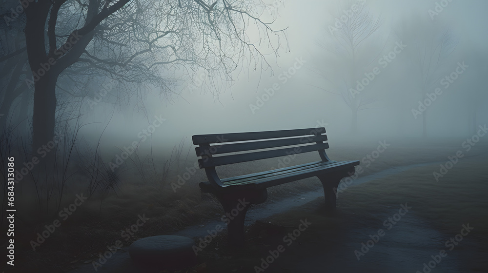 Enigmatic Mist-Enveloped Park with Solitary Bench at TwilightAI generativ