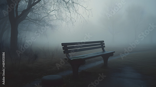 Enigmatic Mist-Enveloped Park with Solitary Bench at TwilightAI generativ photo