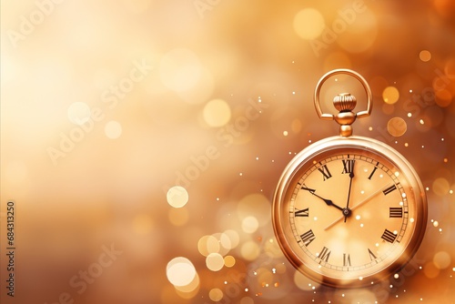 An abstract background with bokeh effect on the eve of the new year. Desk clock in the foreground