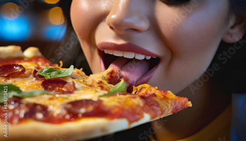 A woman bites a piece of pizza  close-up.