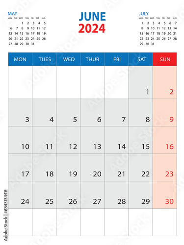 Calendar 2024 template - June 2024 year, week start on monday, Wall calendar 2024 design, Desk calendar template, corporate planner, Stationery, organizer diary, printing media, vector photo