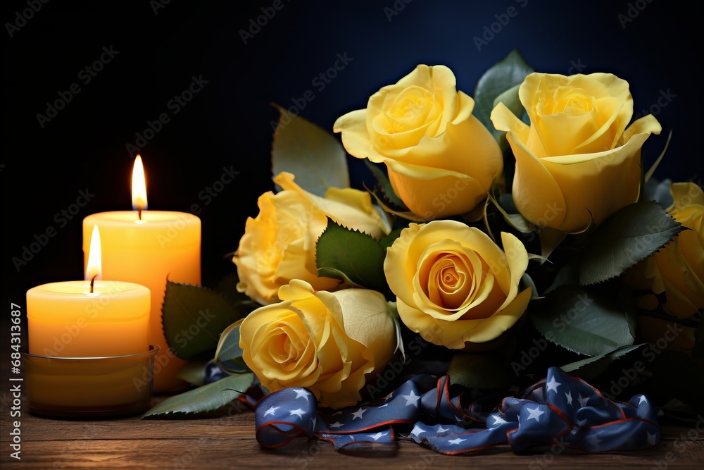 Obraz premium Honoring Memorial Day. Illuminating the Spirit with Blue and Yellow Candle Tributes