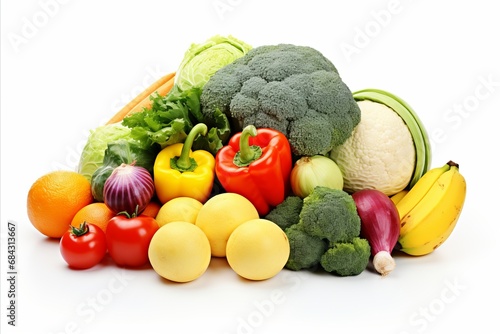 An assortment of fresh fruits and vegetables on a white background.