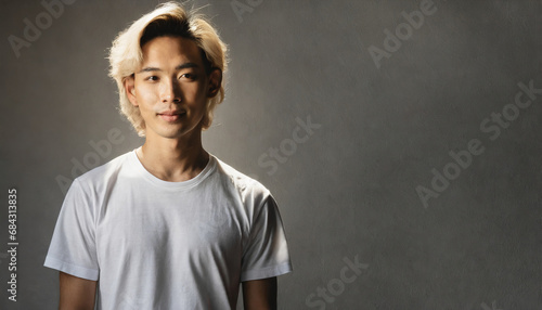 A Japanese man poses in a white T-shirt.