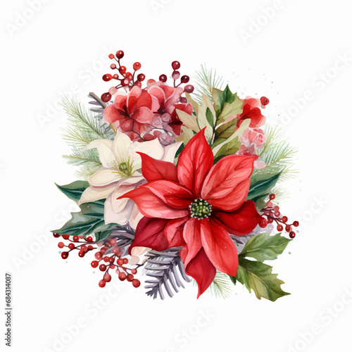 Christmas vector floral composition with fir branches in watercolor style on a white background