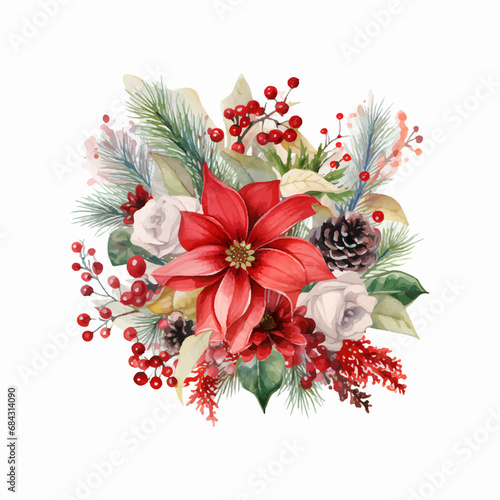 Christmas vector floral composition with fir branches in watercolor style on a white background
