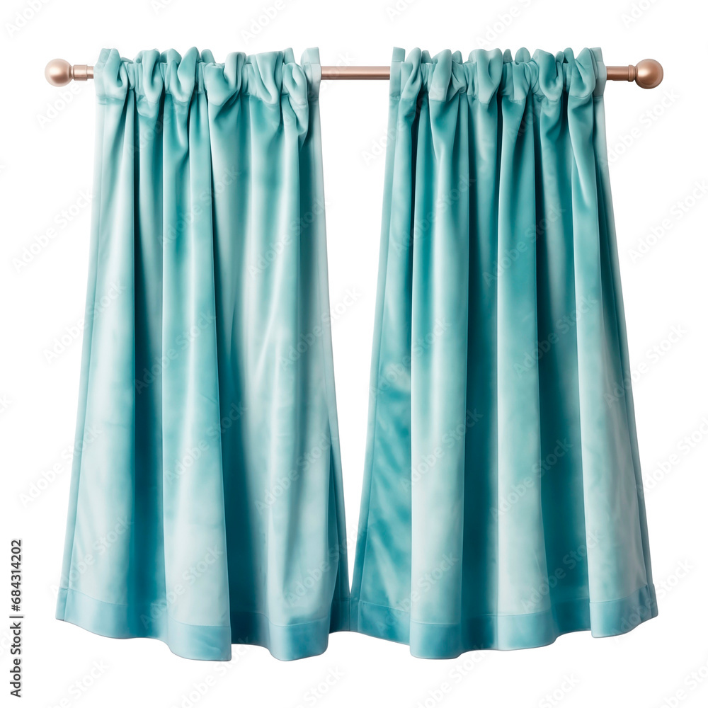 Fototapeta premium Short, blue, velvet curtains. Curtains in two parts. Isolated on a transparent background.