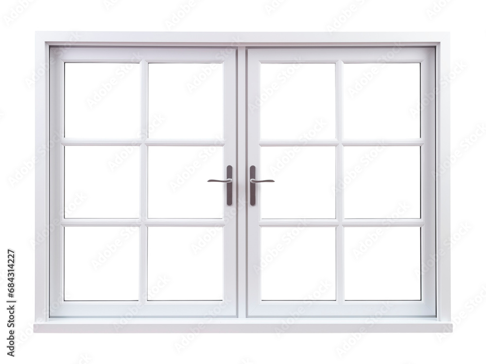 Rectangular, square window with a white frame. Large elegant white window. Isolated on a transparent background. Rectangular, square window with a white frame. Large elegant white window. Isolated on a transparent background.