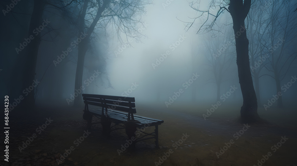 Enigmatic Mist-Enveloped Park with Solitary Bench at TwilightAI generativ